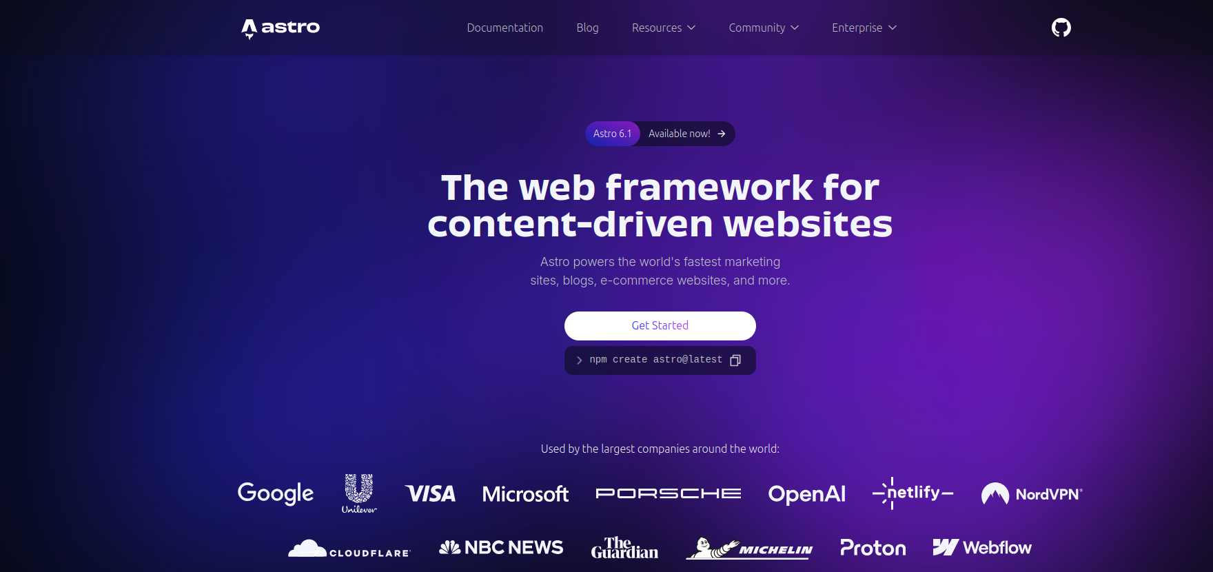 Astro framework homepage screenshot