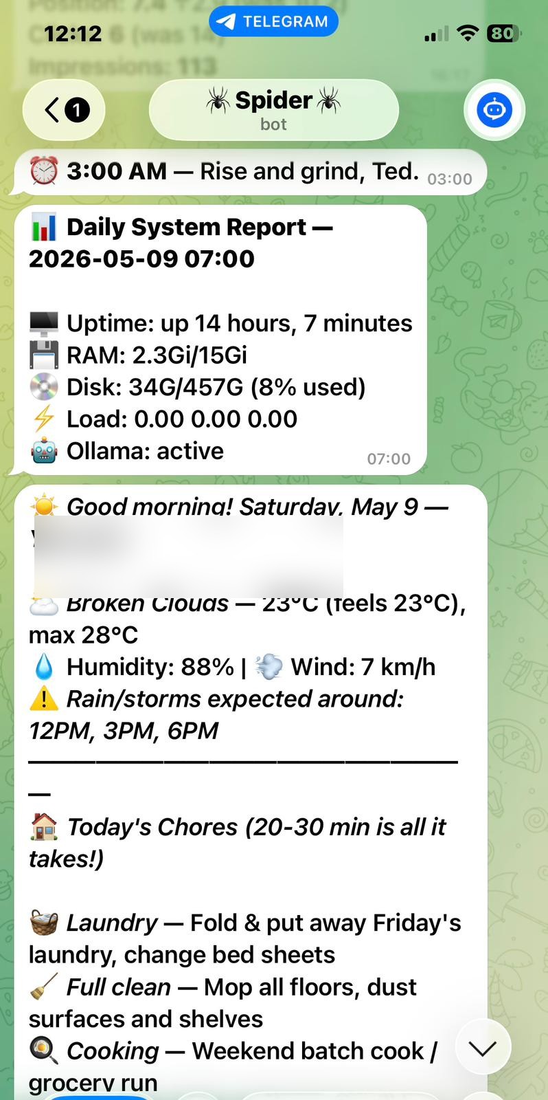 Morning briefing delivered via Telegram